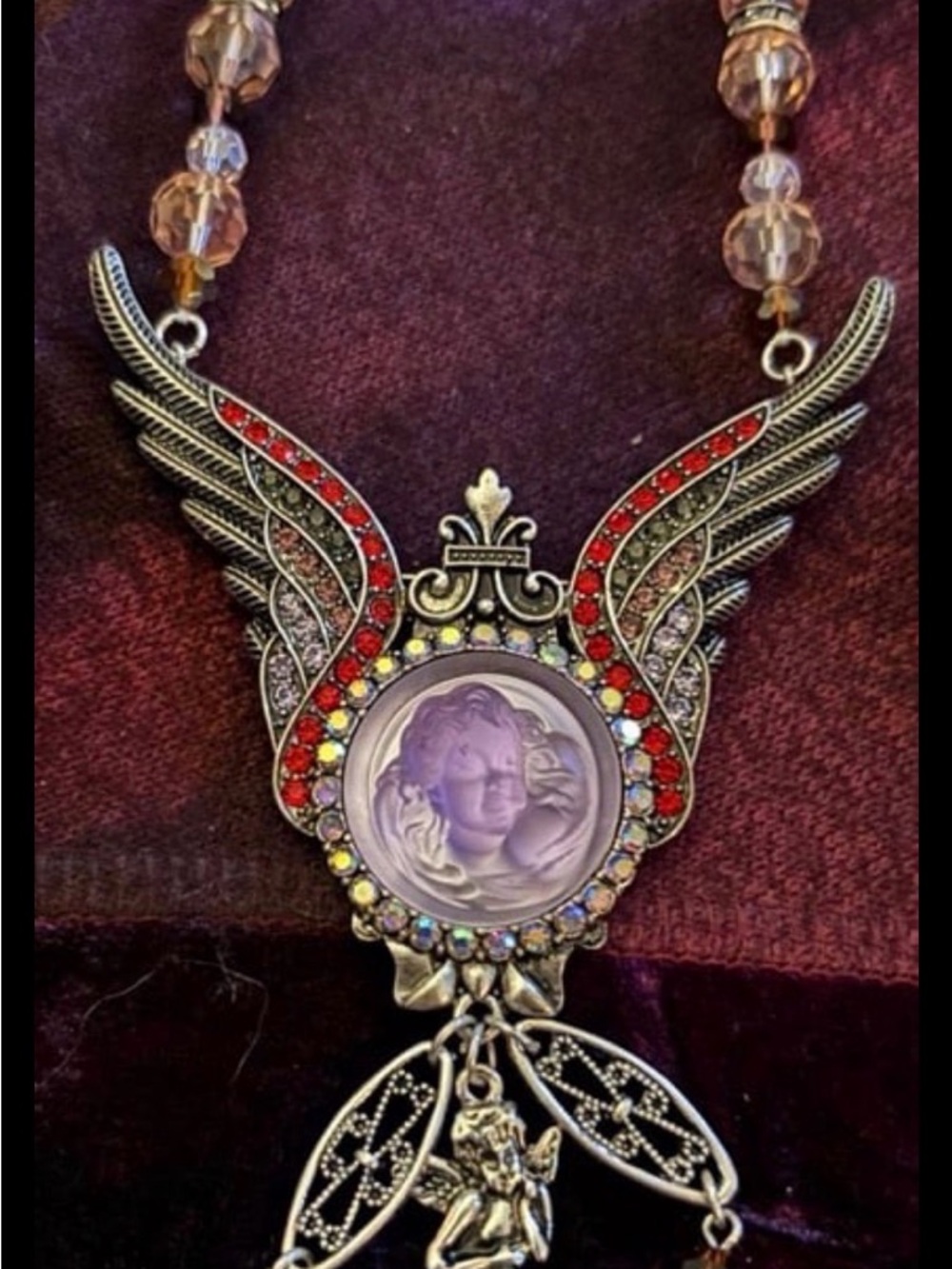 Vintage-Inspired Kirks Folly Purple Angel Wing Pendant Necklace with Red Accents